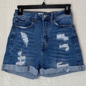 Wax Jean Collection Womens High Waisted Distressed Denim Shorts Blue Size M